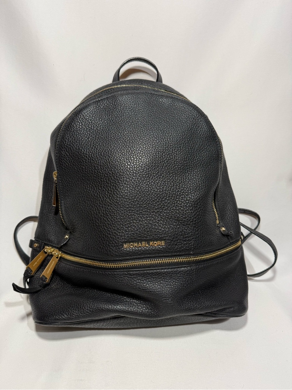 Michael Kors Black Pebbled Leather Zip-Front Backpack with Gold Hardware